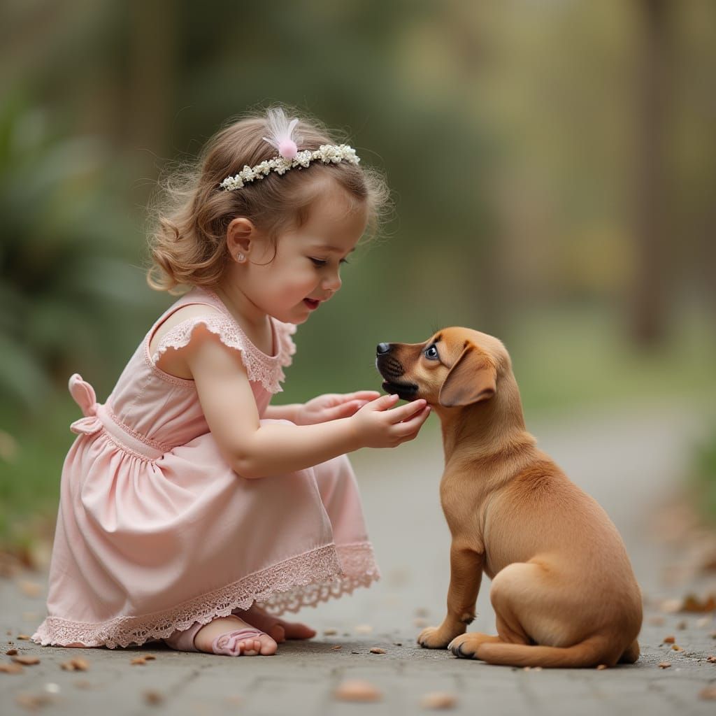 Hyperrealistic Girl in Pink Lace Dress Talks to Puppy