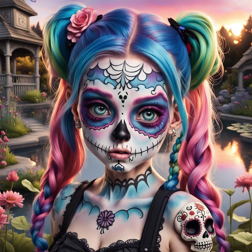 Cartoon Zombie Girl with Rainbow Hair and Disney Eyes