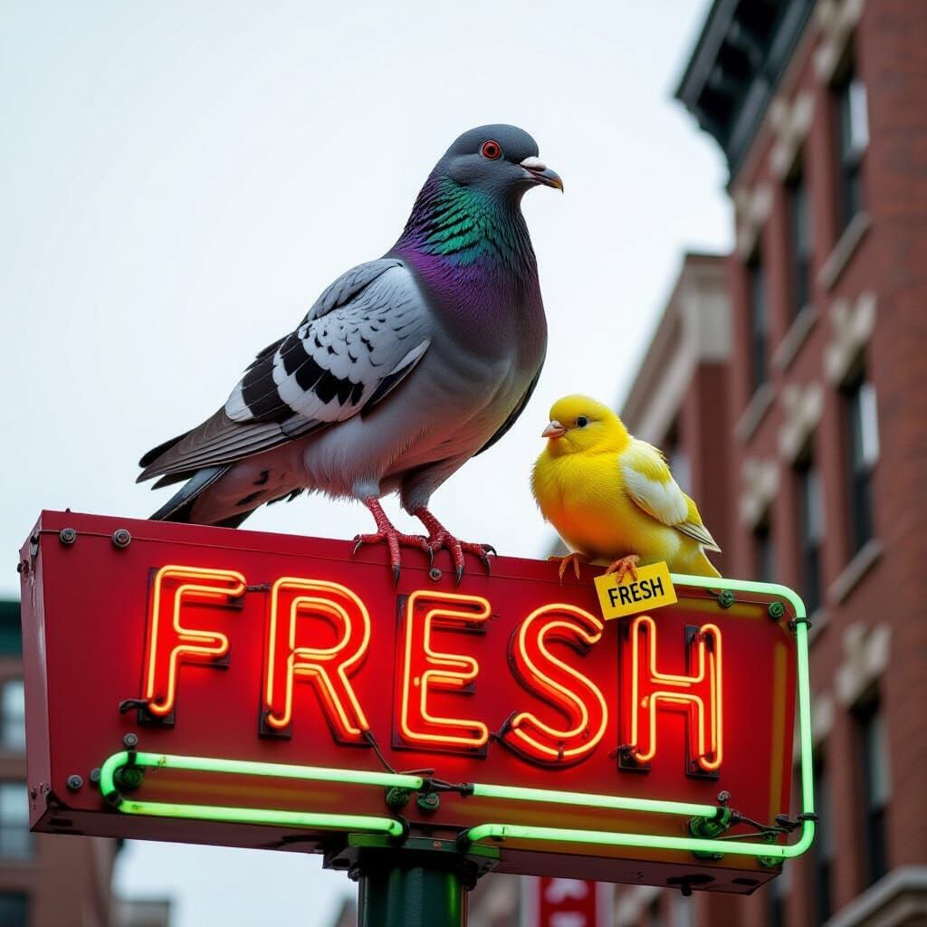 Urban Pigeon Perched on Neon Sign with Chick