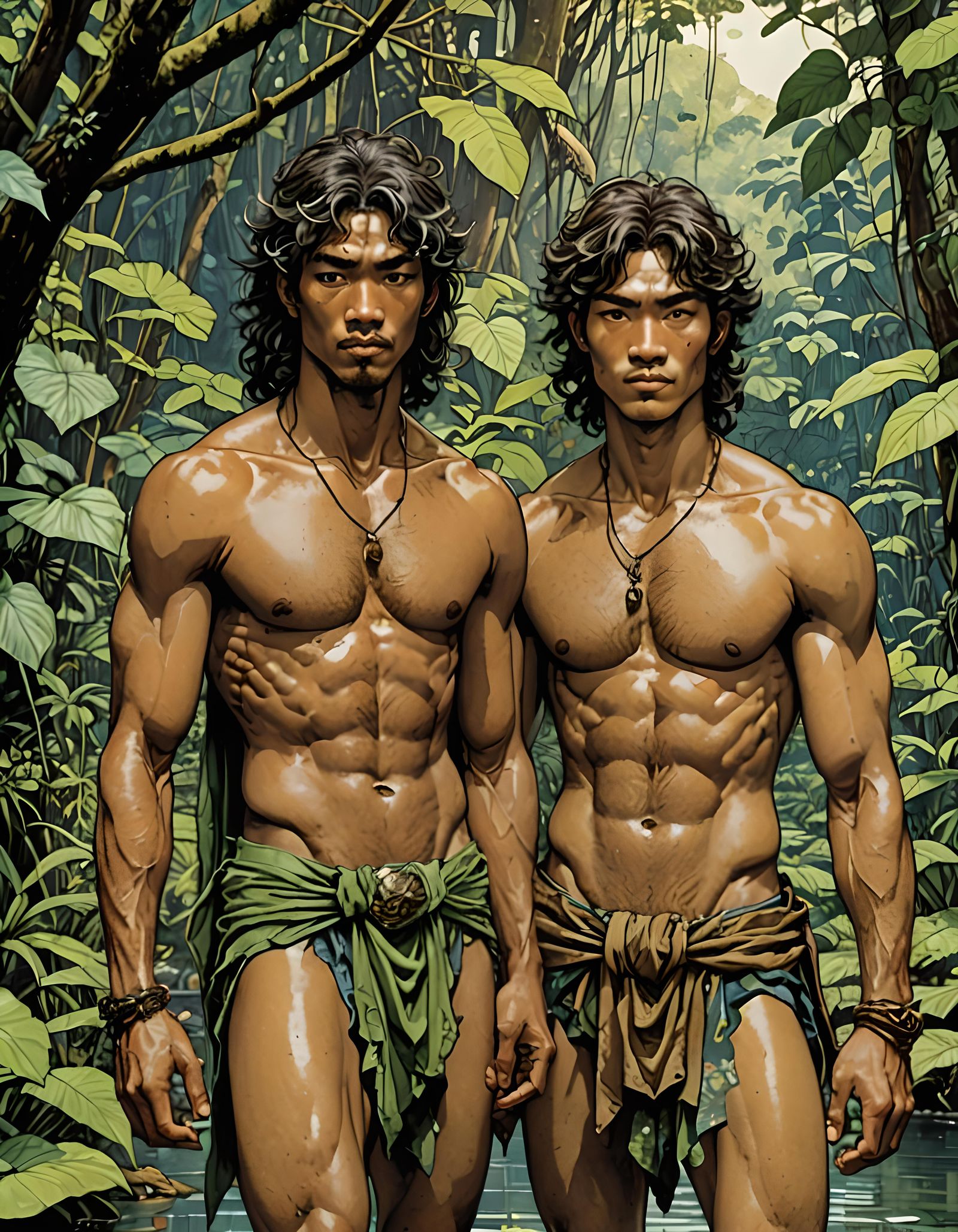 Jungle Fairies Play by Lake in Graphic Novel Style