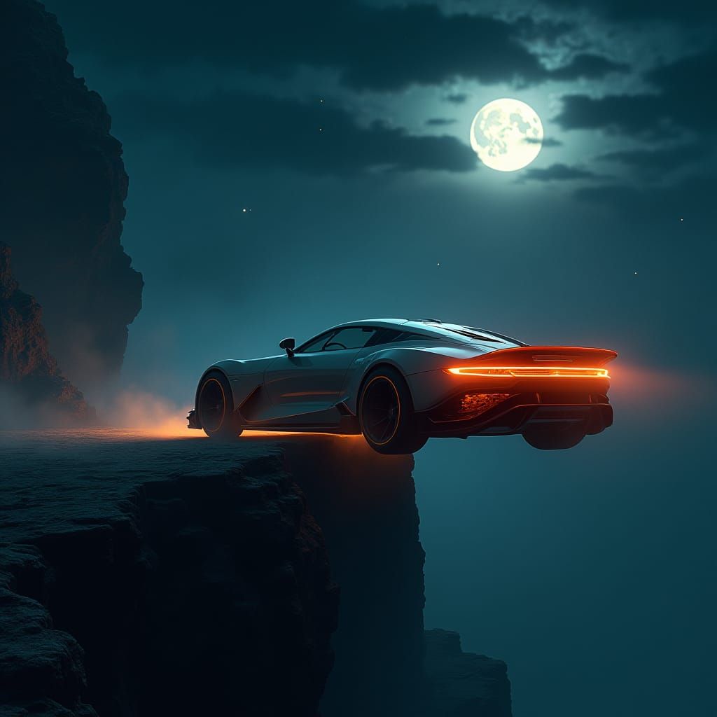 Futuristic Car Jumps Cliff in Sci-Fi Landscape