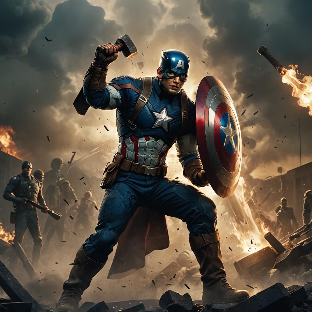 Captain America Wields Mjolnir in Comic Book Style