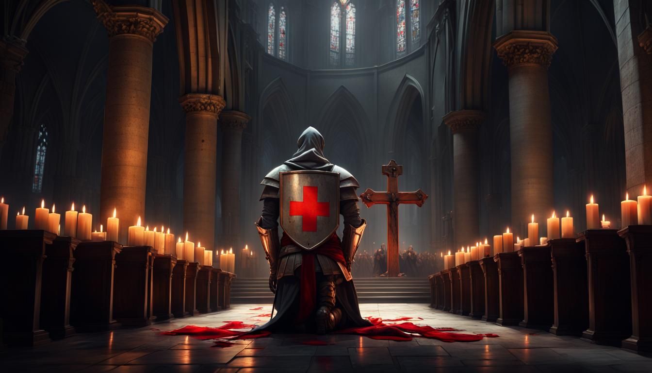 Templar Knight Kneeling in Cathedral: Dark Fantasy Art