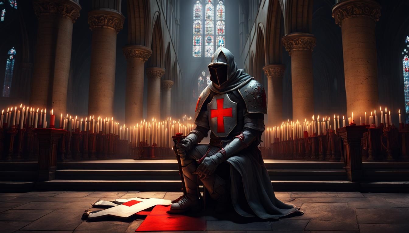 Templar Knight Kneeling in Cathedral, Dark Fantasy Art
