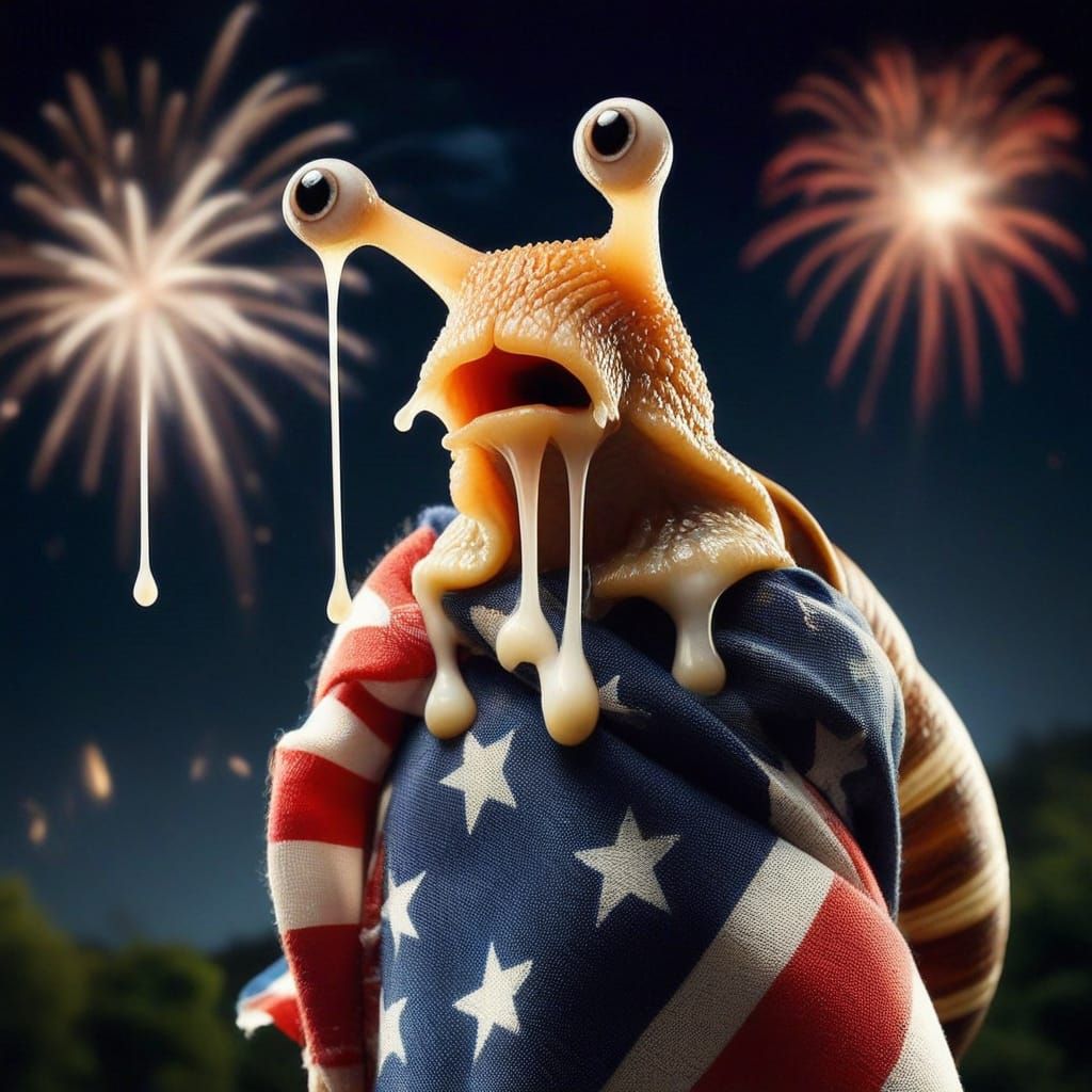 Patriotic Snail Climbs a Flagpole in Fireworks