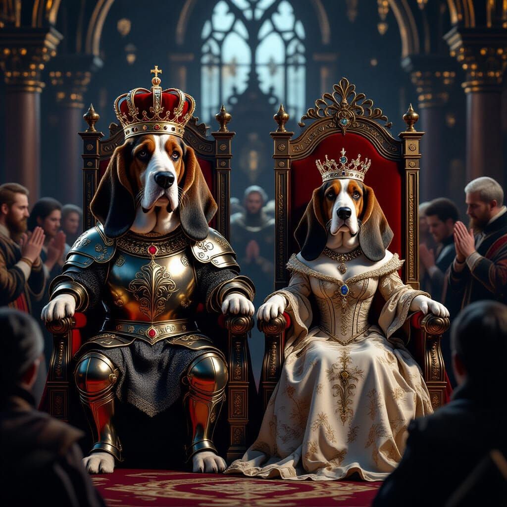 Regal Basset Hounds Crowned King and Queen on Thrones