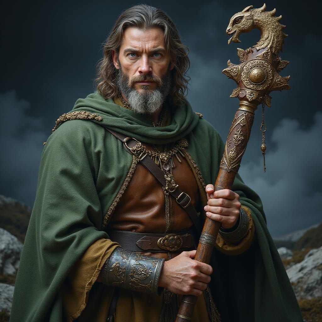 Heroic Human Druid in Earthy Armor, Embroidered Cloak, and M...