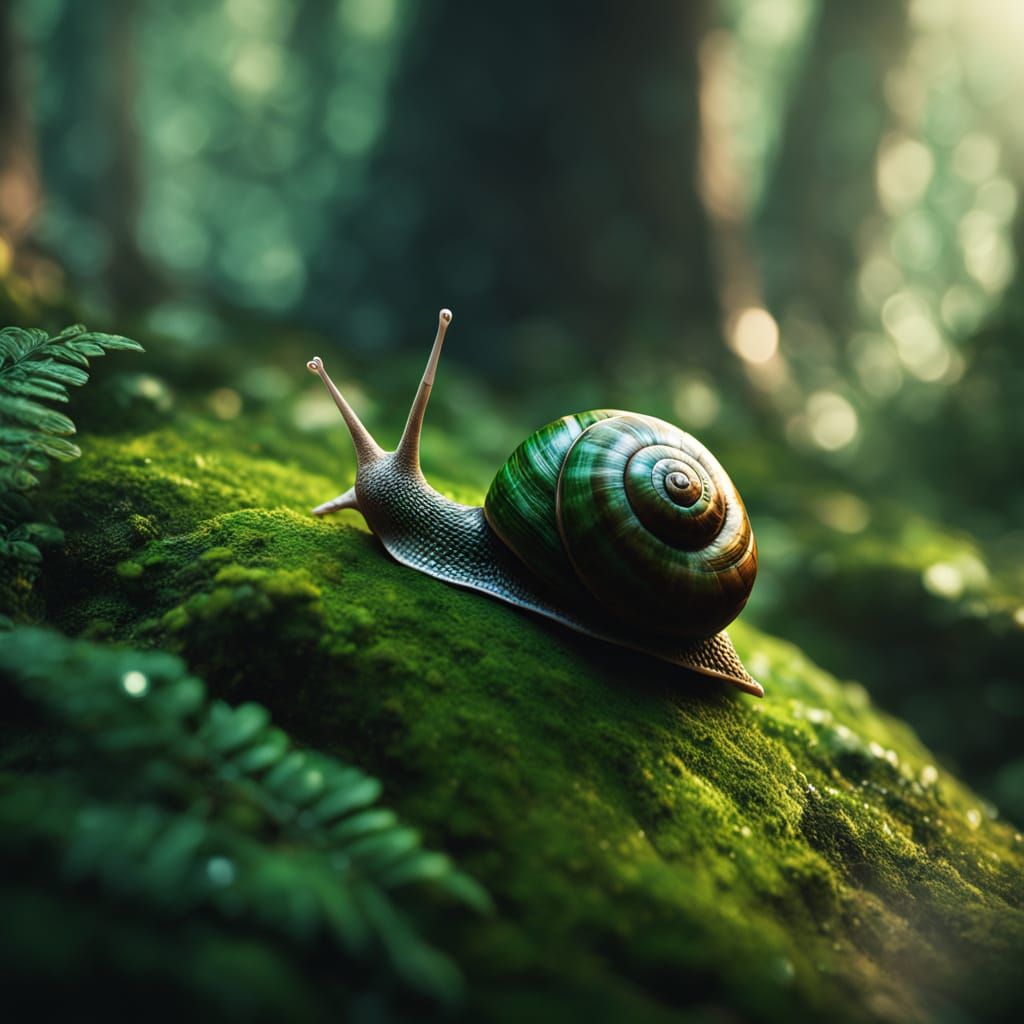 Chiaroscuro Watercolor of a Snail in a Misty Forest