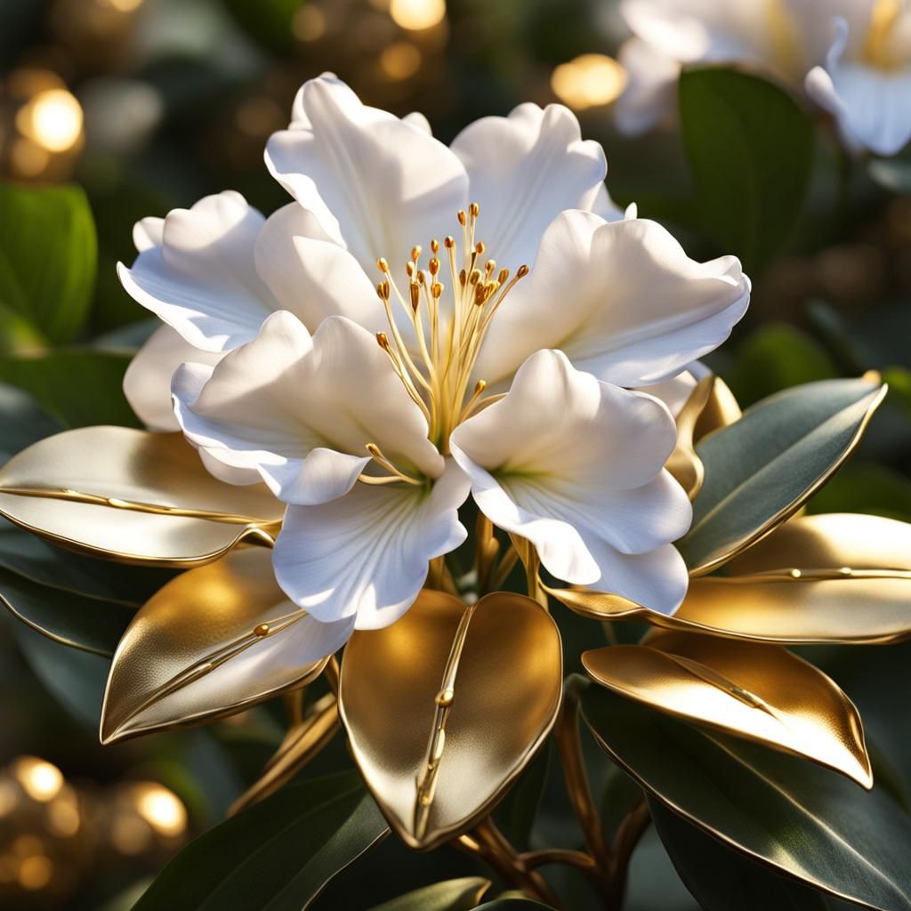 Hyperrealistic Metal Rhododendron Flower in Bokeh Garden