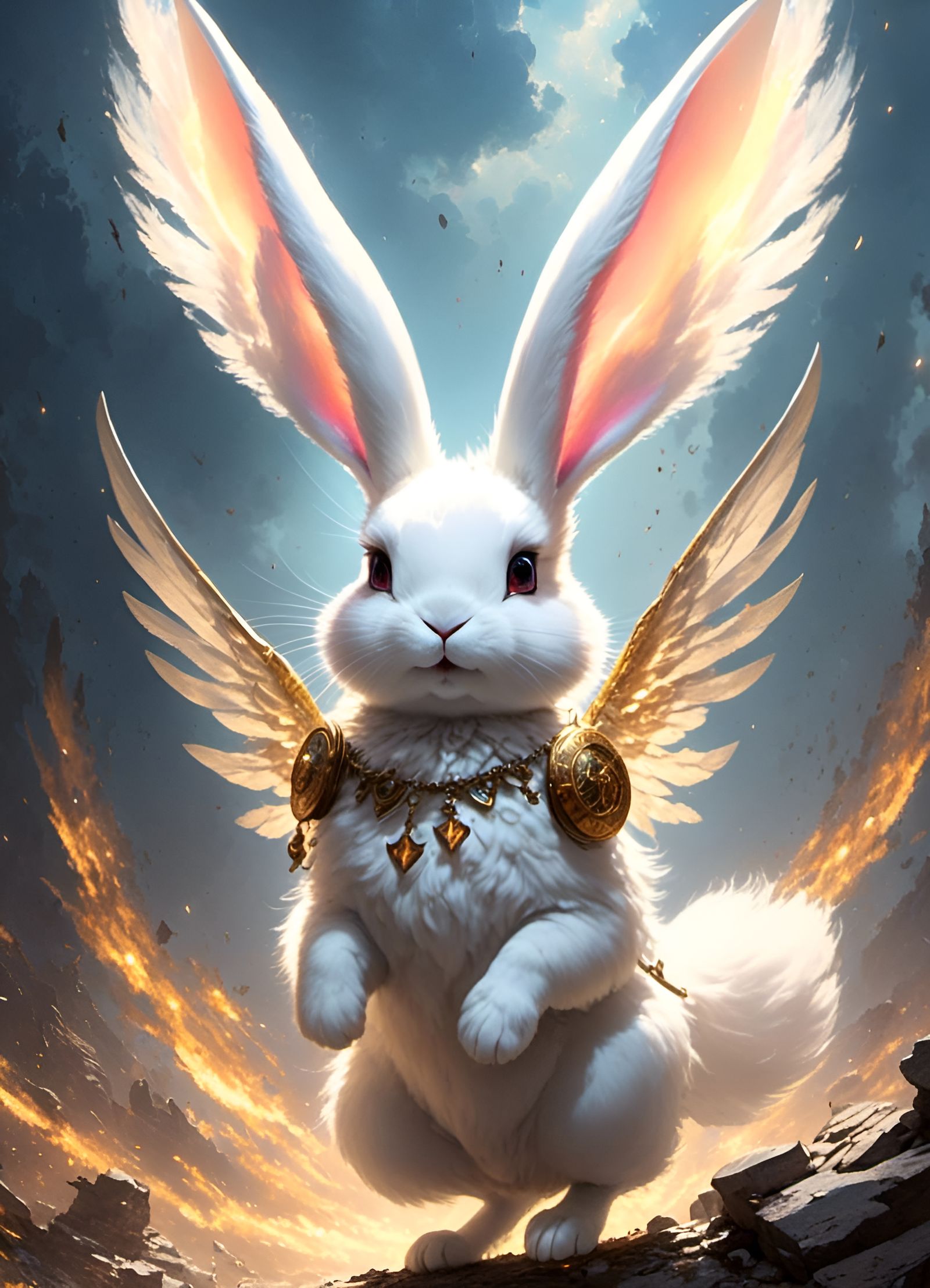 Angelic Rabbit Flying in Apocalyptic Scene