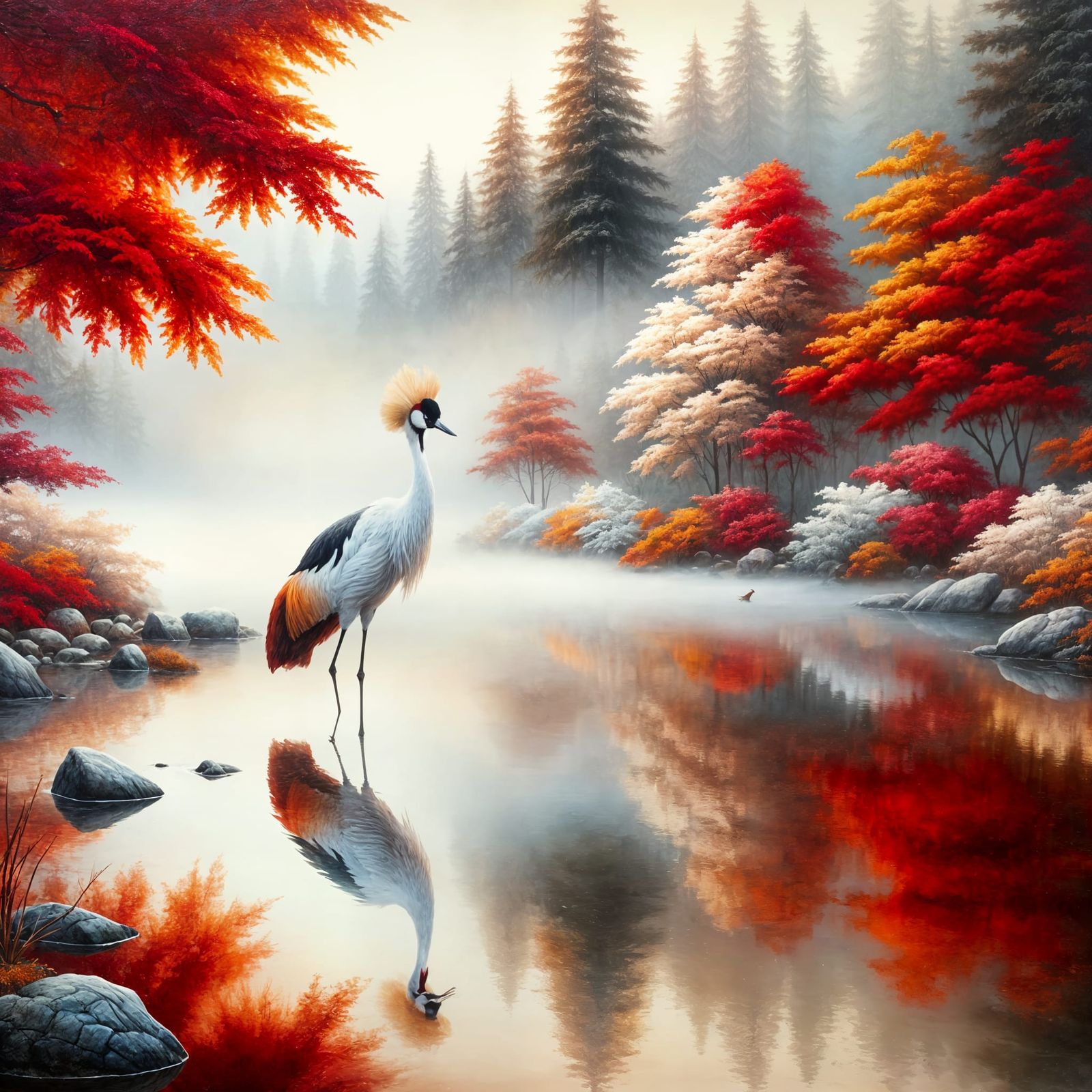 Crane in Autumn Landscape with Reflections