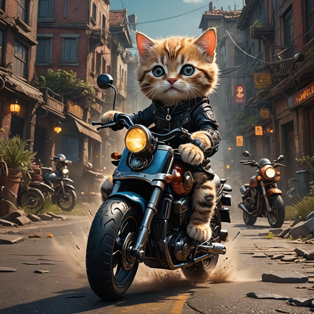 Kitten Rides Motorbike: Detailed Fantasy Concept Art