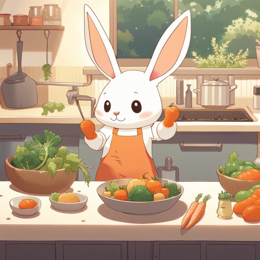 Rabbit and Fox Cooking: Ghibli Anime Art