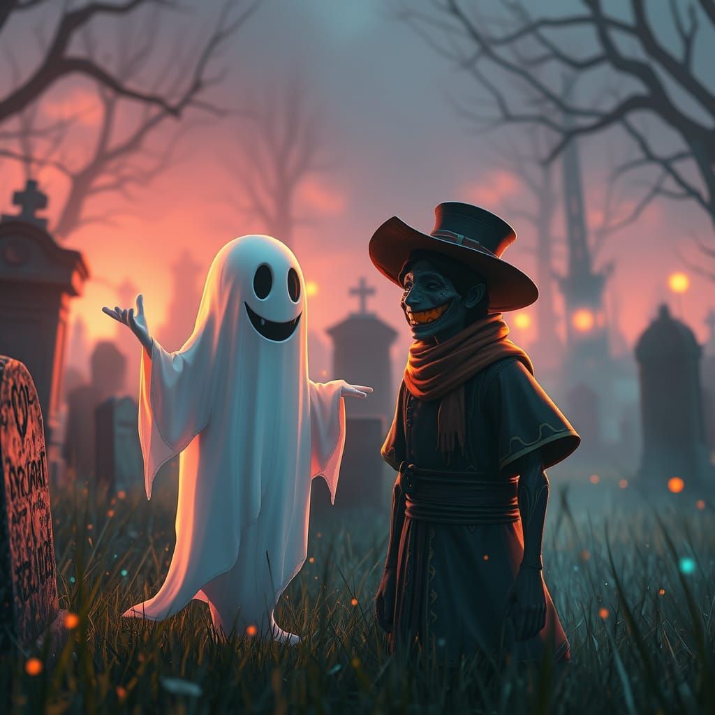 Friendly Cemetery Encounter in Vibrant Colors