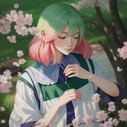 Surreal Anime Goddess in Whimsical Cherry Blossom Wonderland