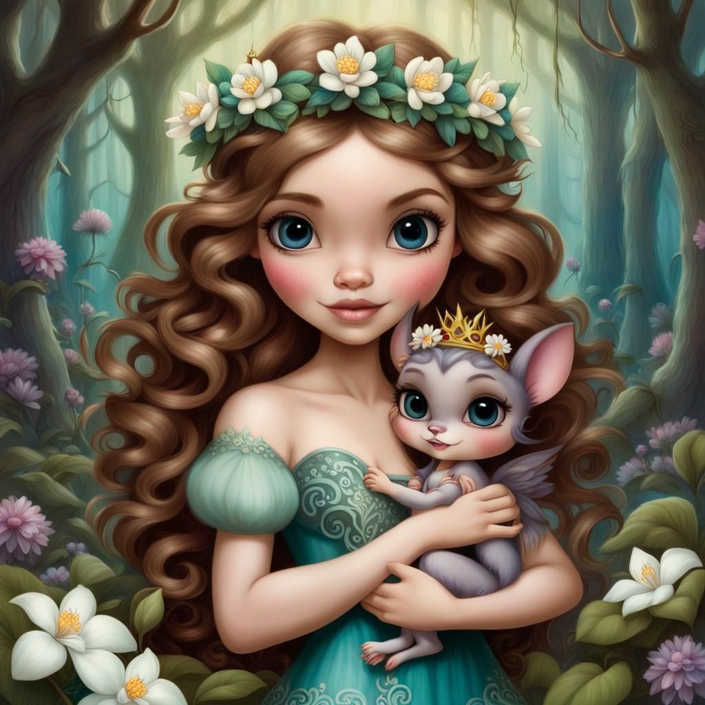 Disney Pixar style woman with light brown wavy hair, flowers, wearing crowns, and holding a cute fearsome little creatu...