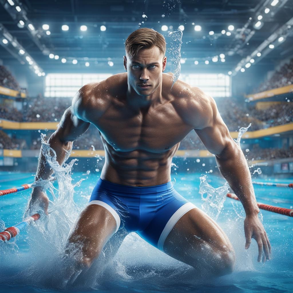 Male Swimmer in Outdoor Competition: Detailed Digital Art