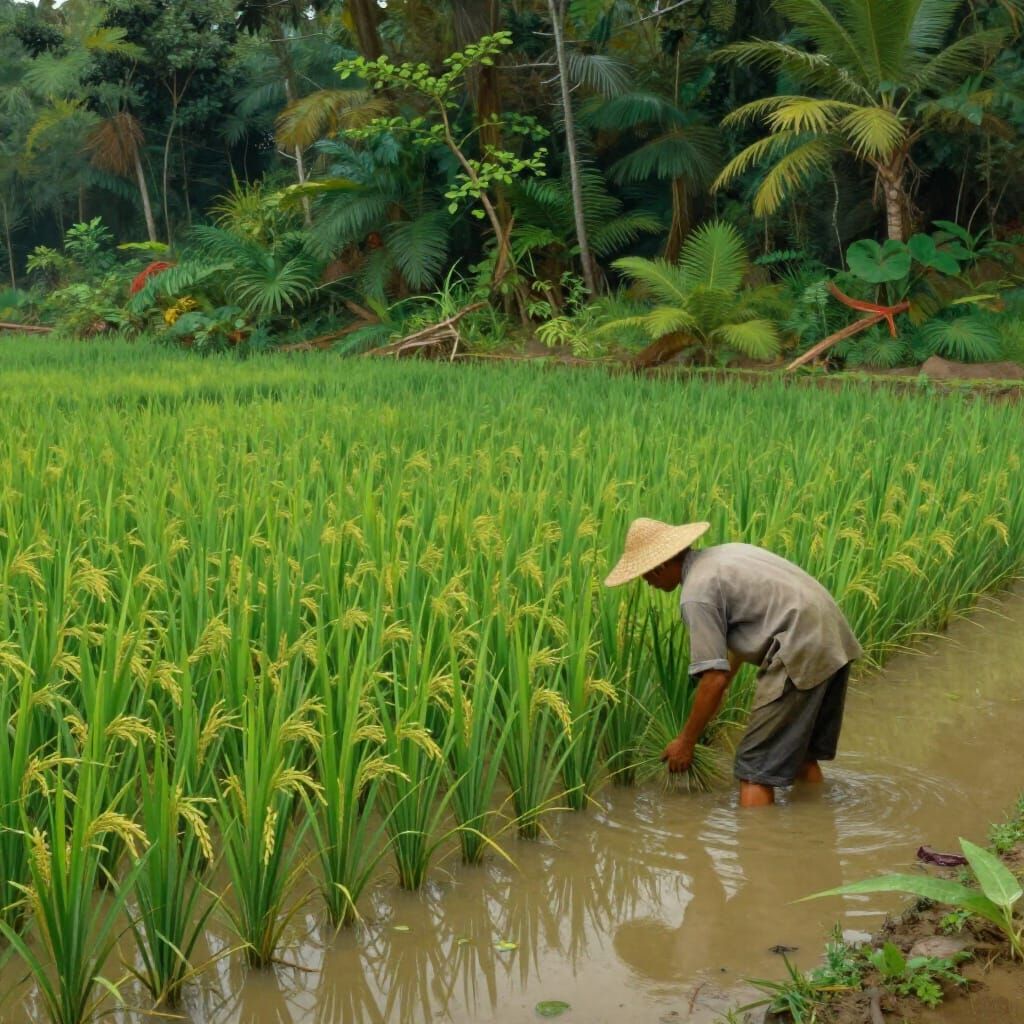 Surreal Rice Paddy Painting with Farmer in Murky Water