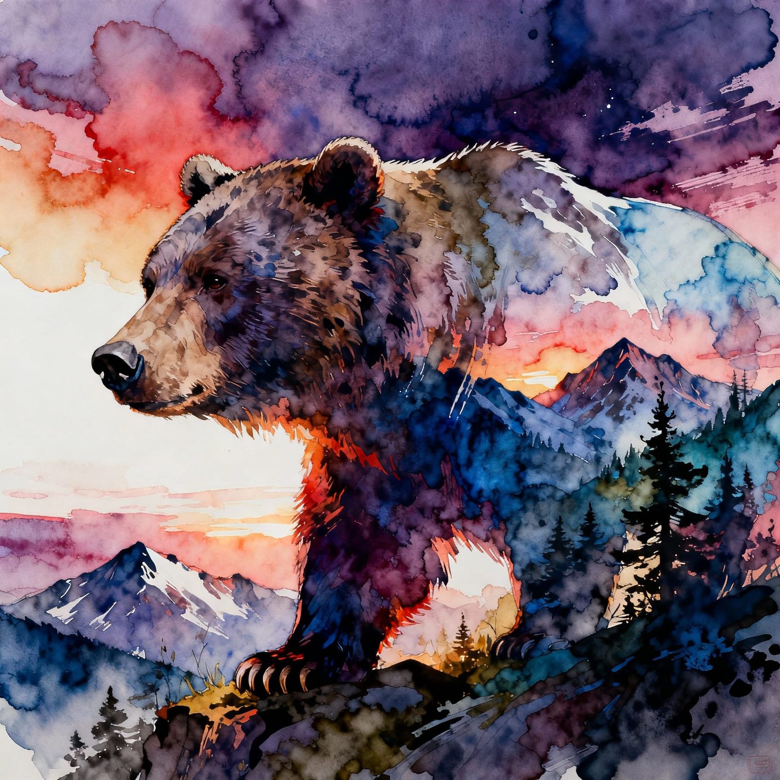 Surreal Bear Double Exposure in Twilight Mountains