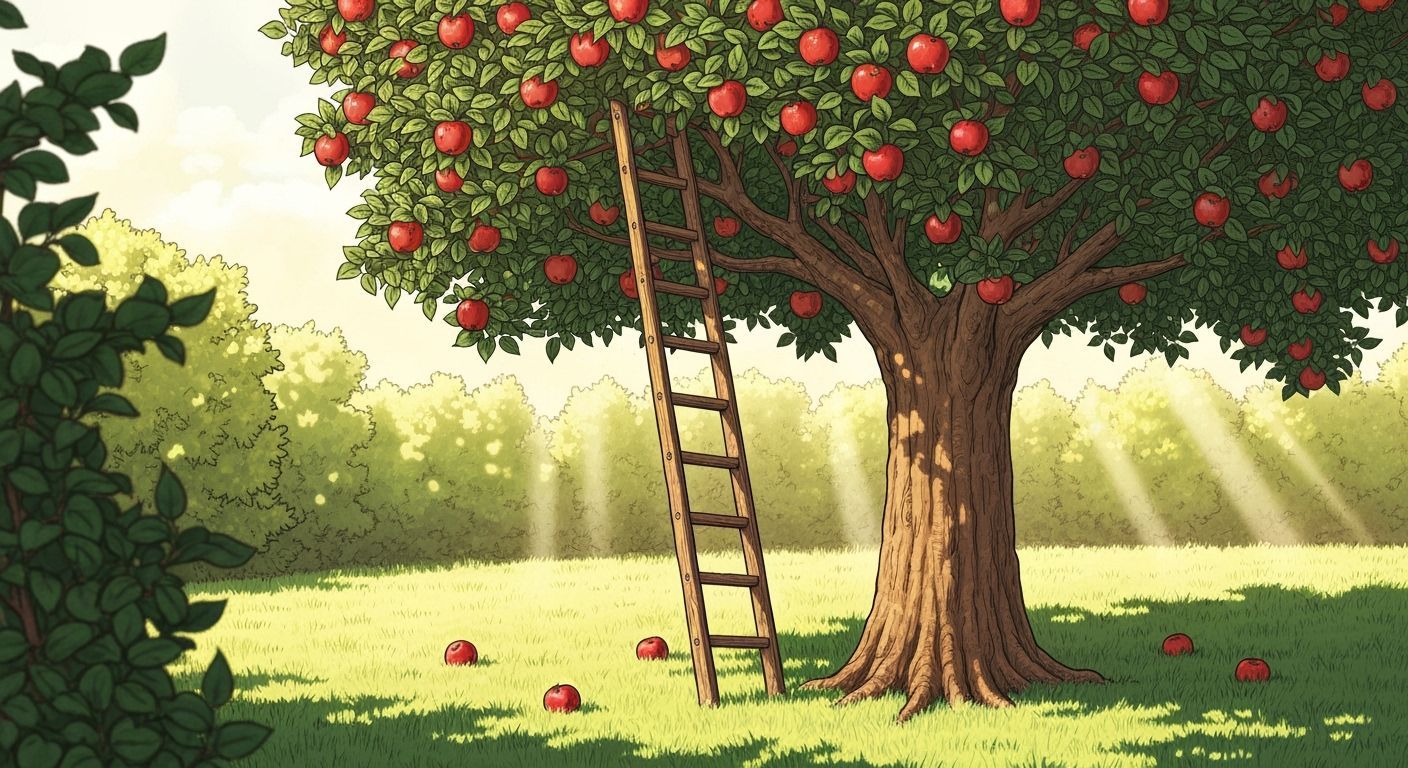 Apple Tree Harvest Scene in Vintage Storybook Style