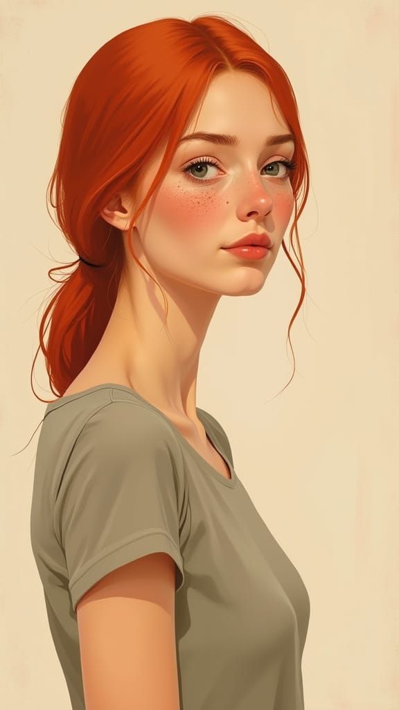 Surreal Red Haired Woman in Minimalist Painting Style