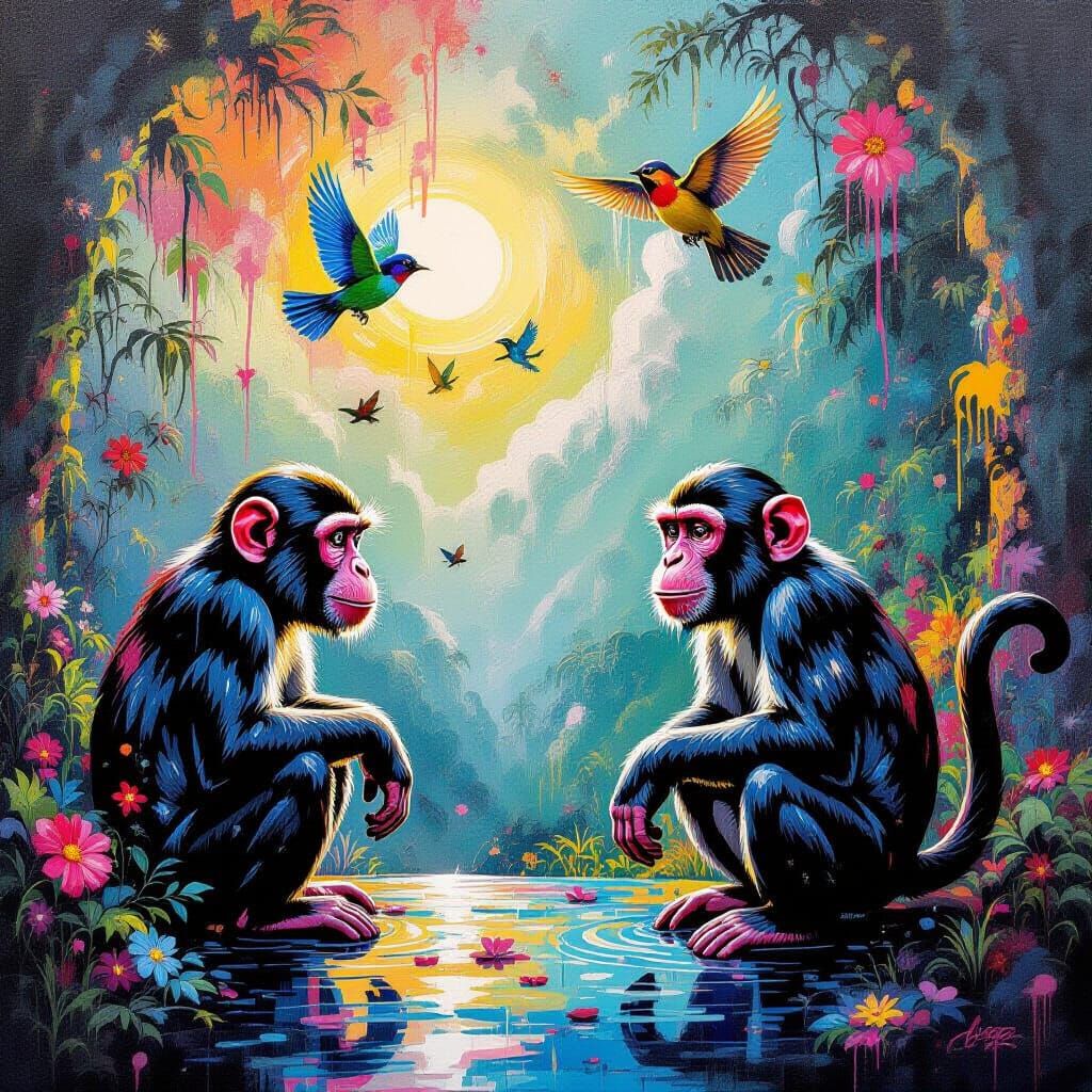 Surreal Monkeys and Birds in Vibrant Graffiti Landscape