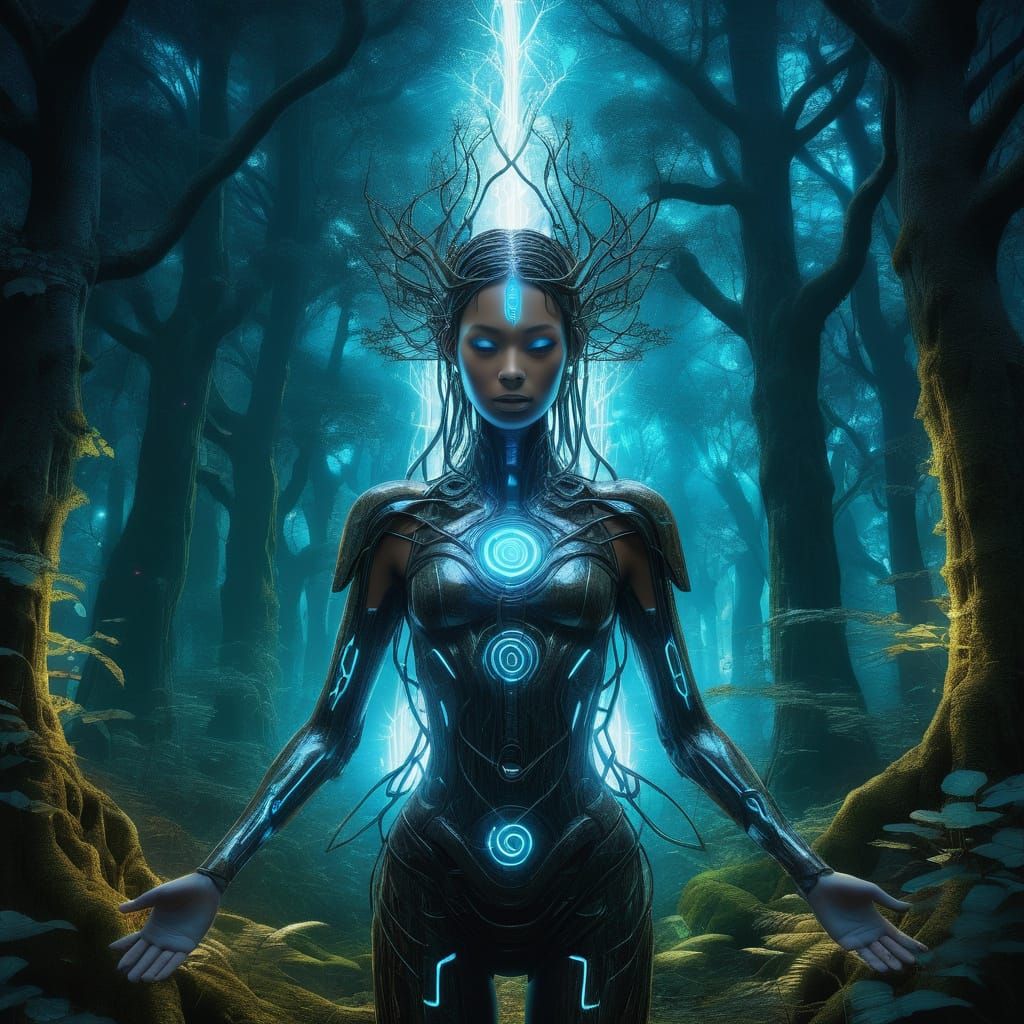 Cybernetic Goddess in Dreamlike Enchanted Forest