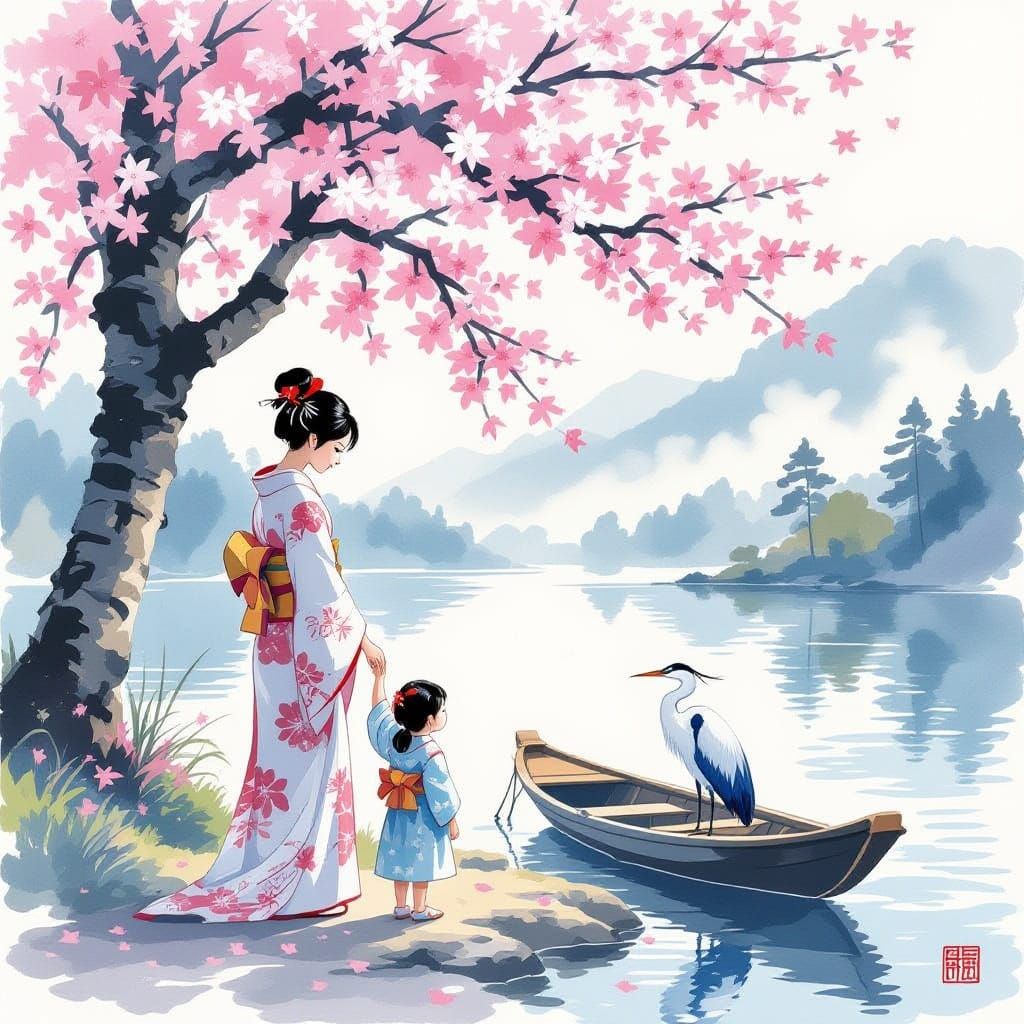 Mother and Daughter Under Sakura Tree in Dreamy, Watercolor ...