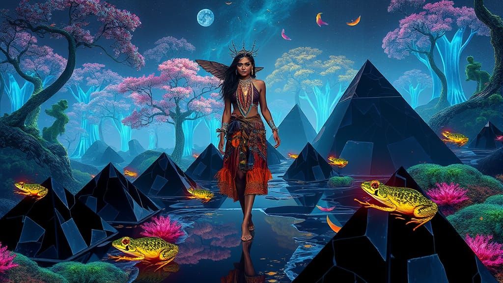 Mystical Woman in Bioluminescent Forest Glade