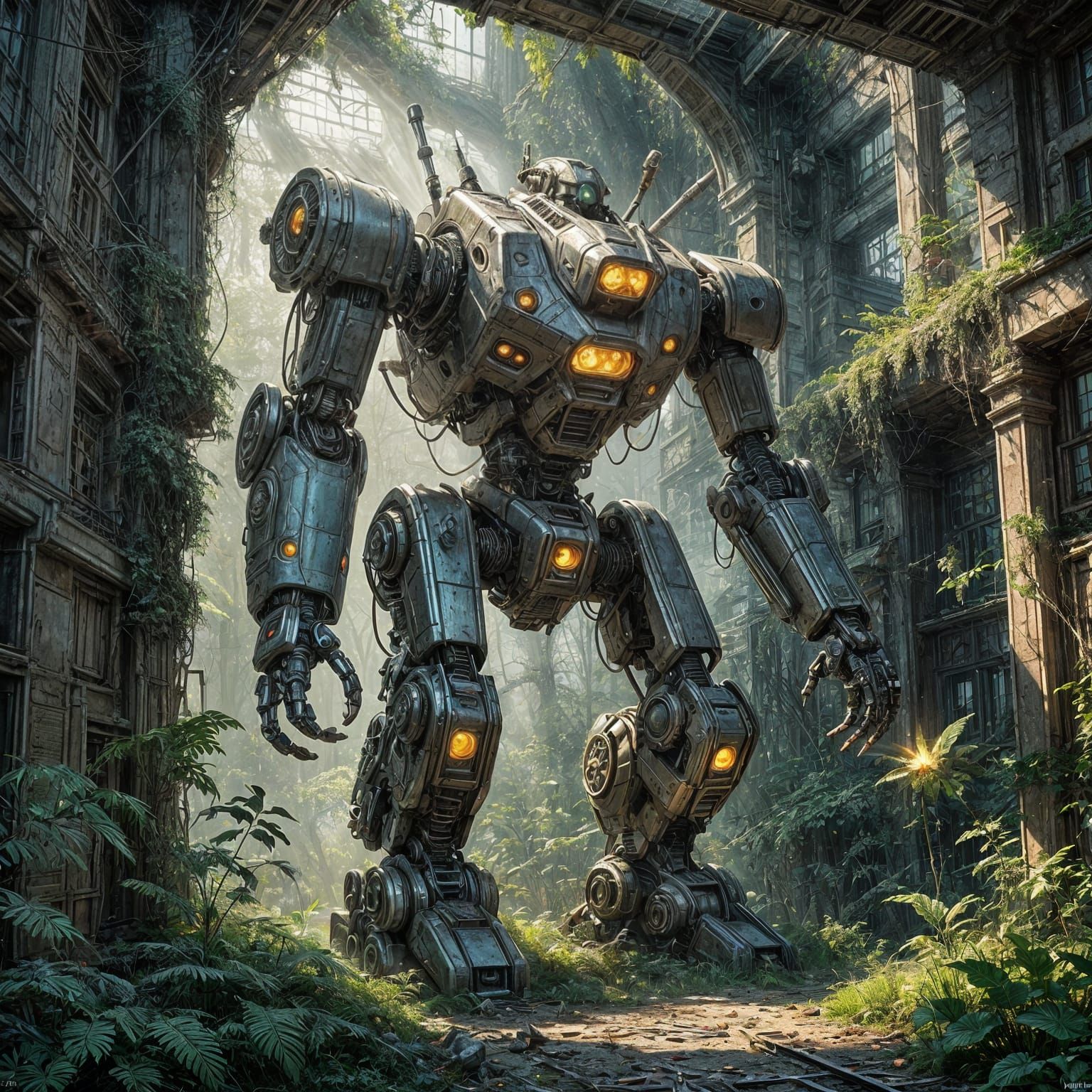 Robot and Fairies in Overgrown Ruins: Airbrush Art