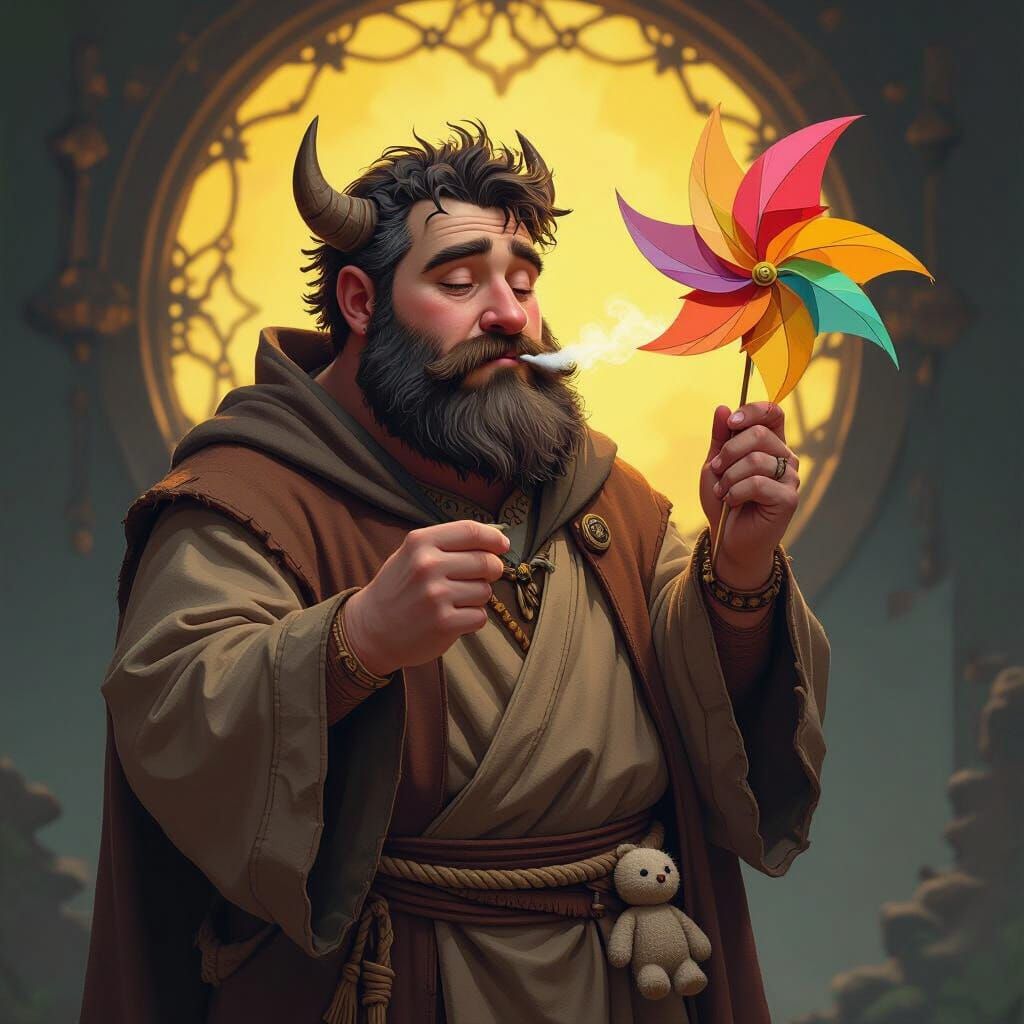 Man with Animal Features Blowing Pinwheel, Digital Art