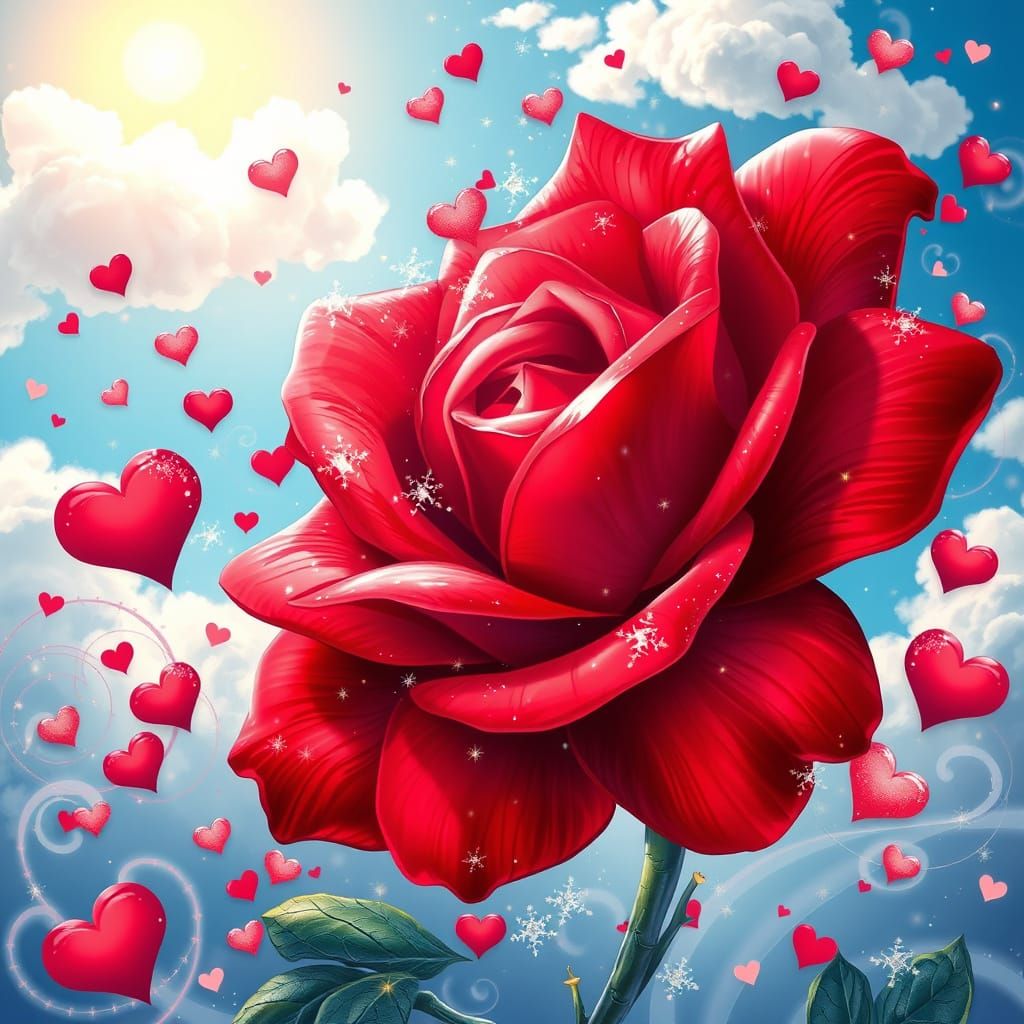 Whimsical Red Rose in a Sunny Sky with Hearts and Love Symbo...