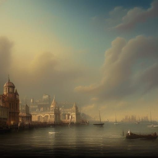 Victorian City Skyline by the Beach, Detailed Painting