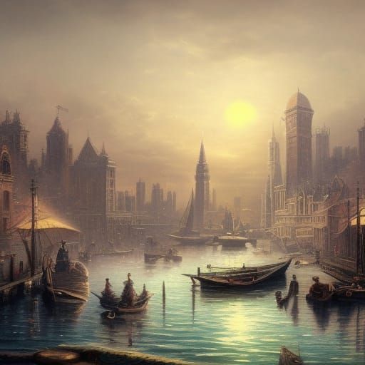 Victorian City Skyline by the Beach, Detailed Painting