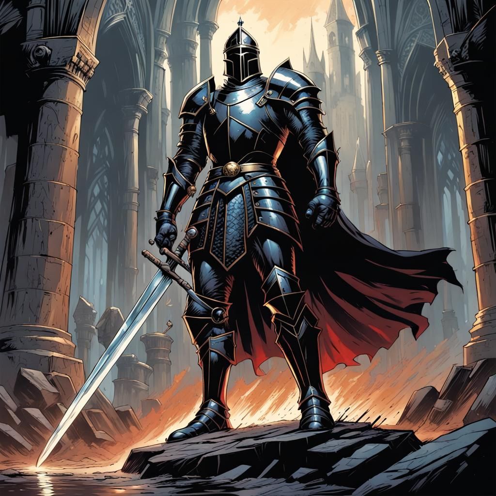 Black Knight with Broadsword in Comic Book Art