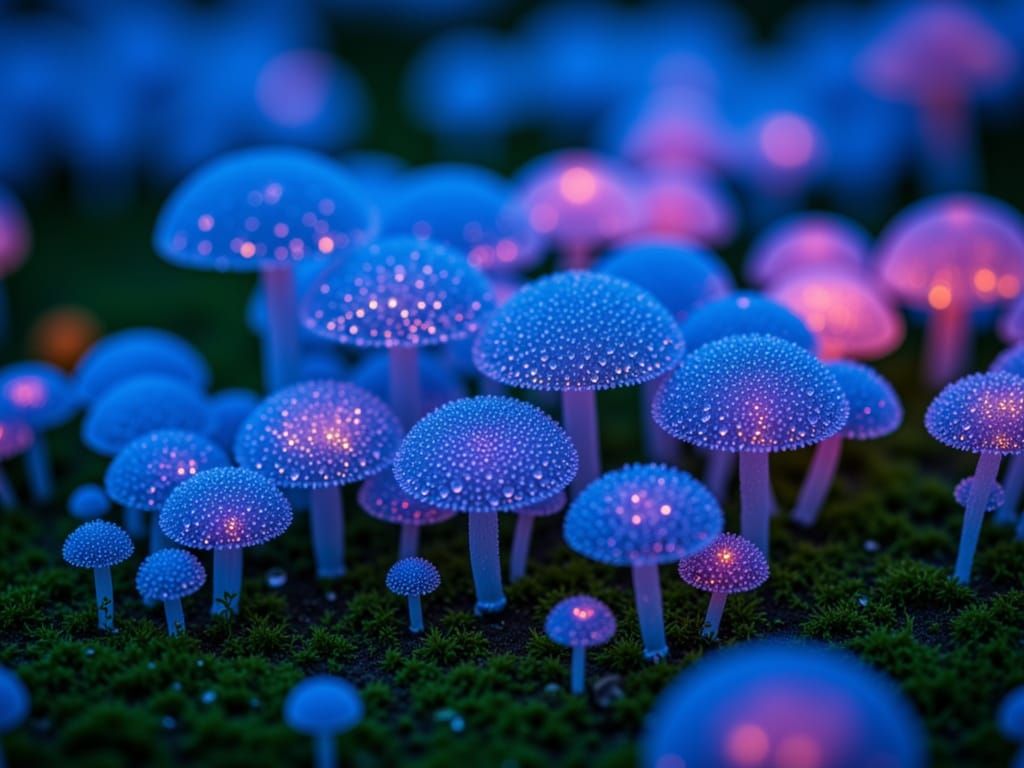 Bioluminescent Fungal Metropolis in Macro Photography