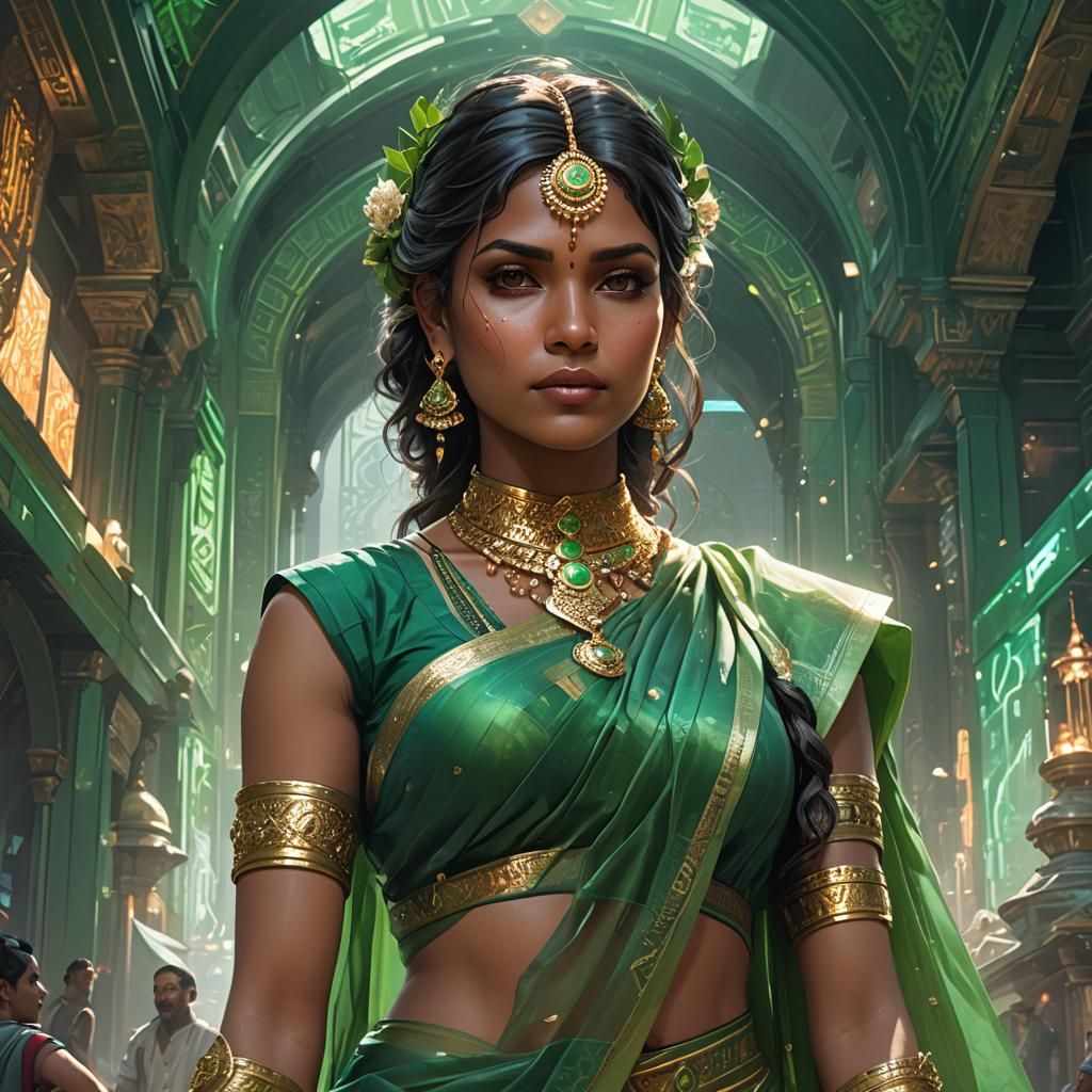 Girl in Green Saree: Futuristic Indian Portrait