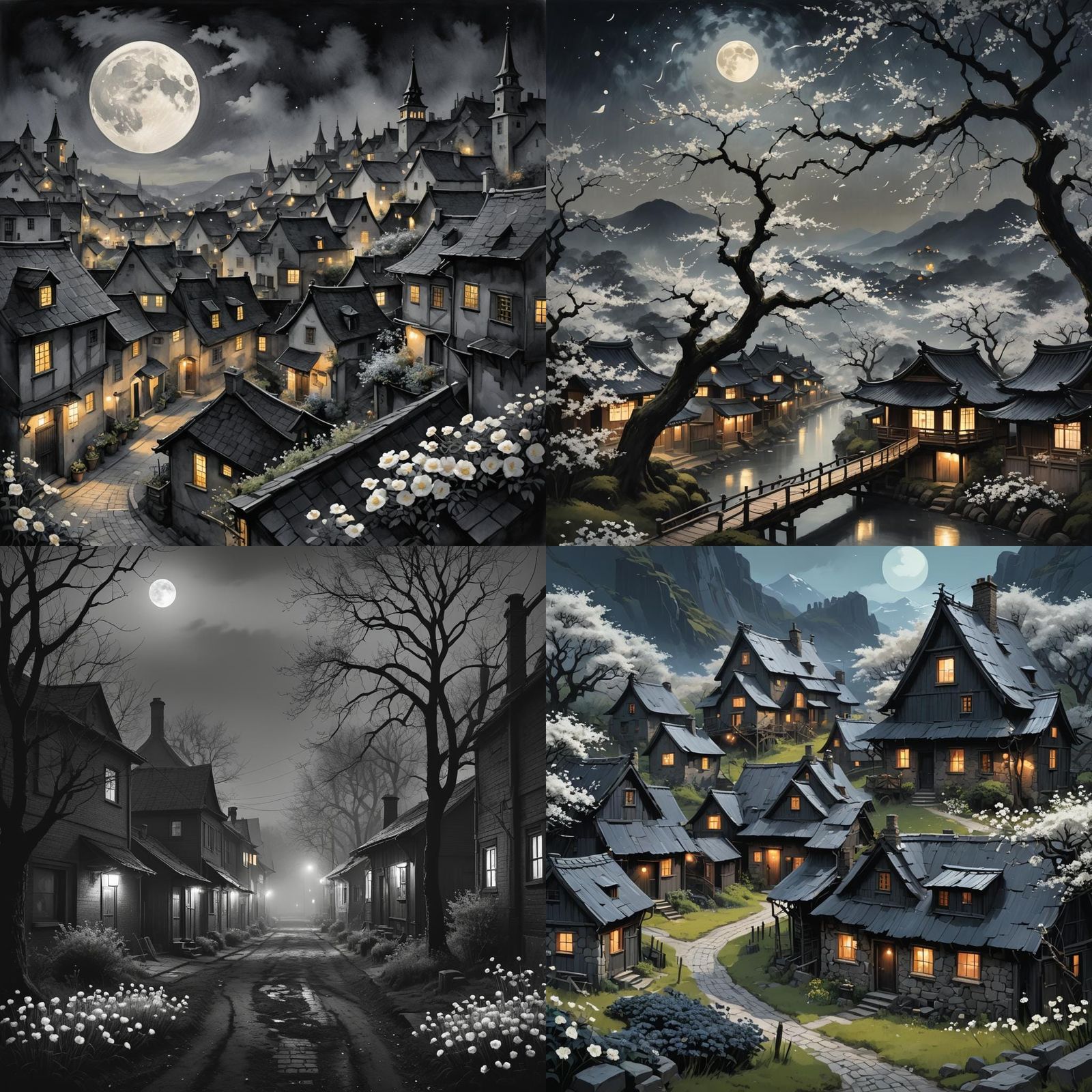 Black and White Flower Village at Night