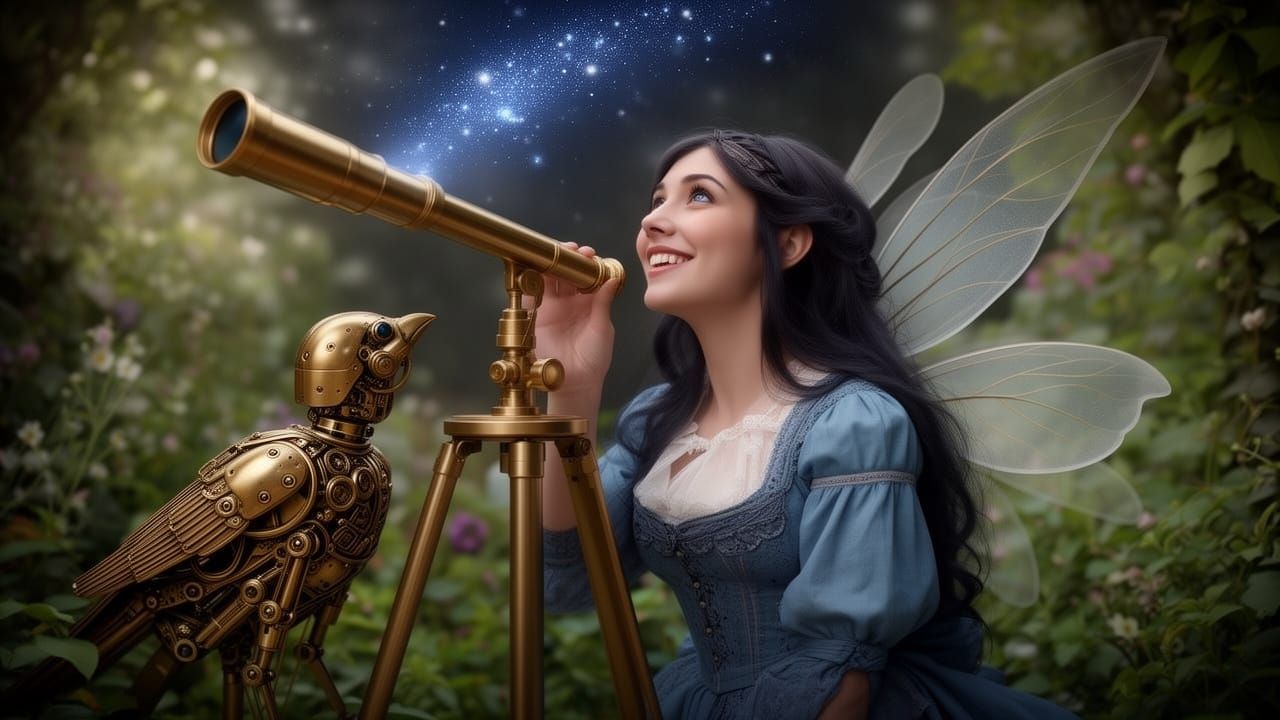 Victorian Fairy Stargazing with Robotic Bird and Telescope