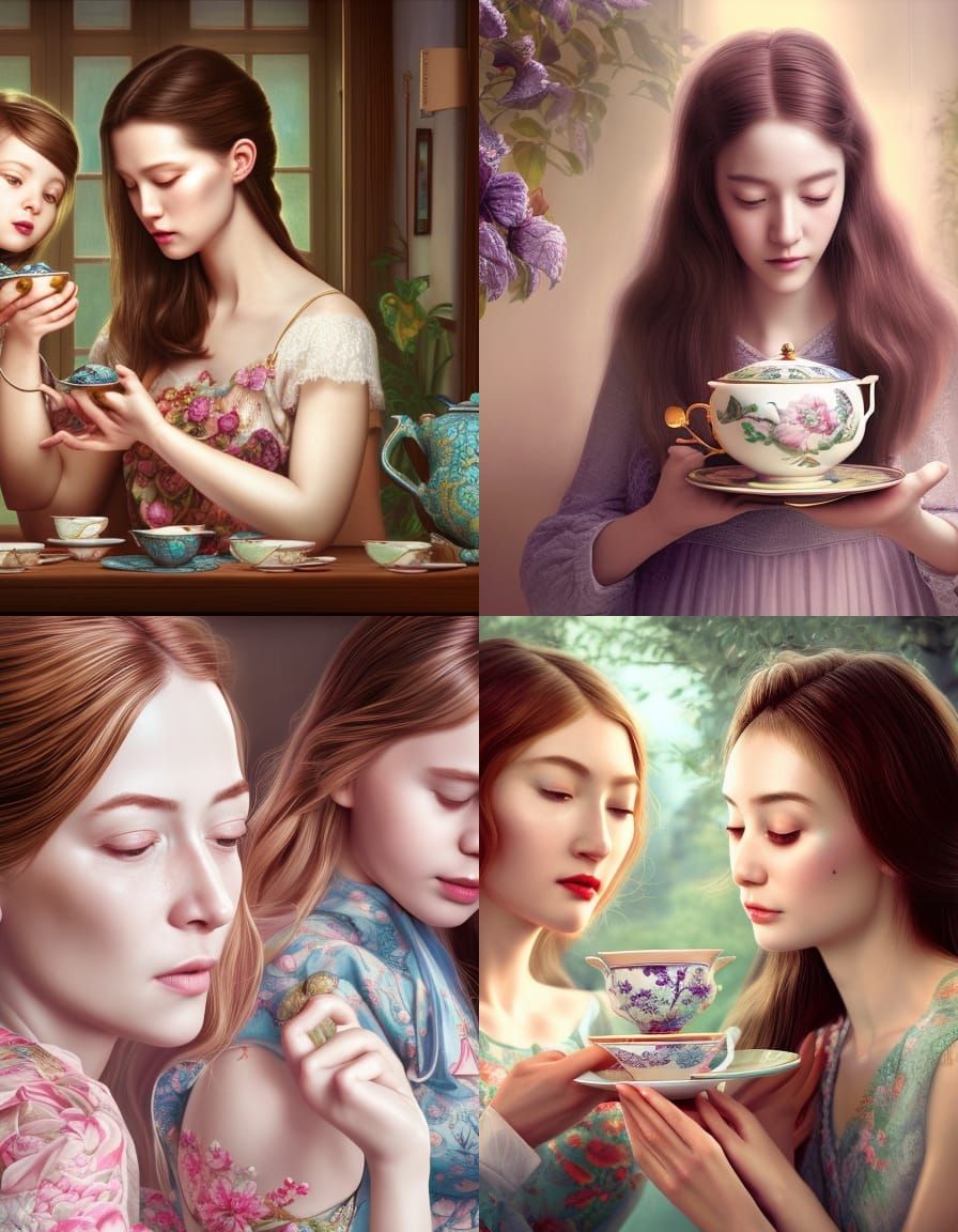 Mother and Daughter Tea Time: Hyperrealistic Portrait
