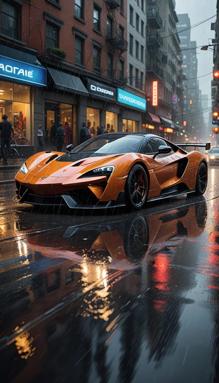 Hyperrealistic Car Racing Down a Wet Street