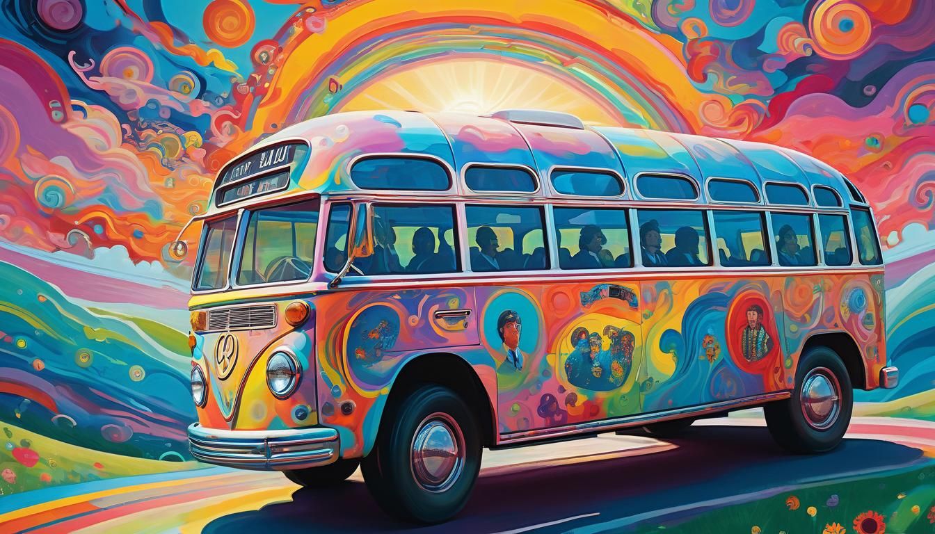 Psychedelic Bus Art: Beatles-Inspired Dreamscape