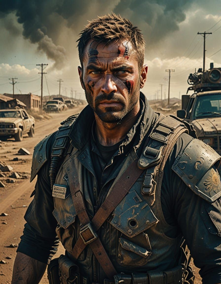 Hyperrealistic Road Warrior in Post-Apocalyptic Wasteland