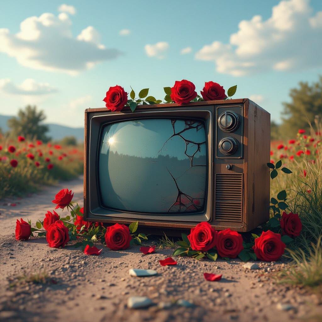 Broken TV with Roses: Concept Art in Rutkowski Style