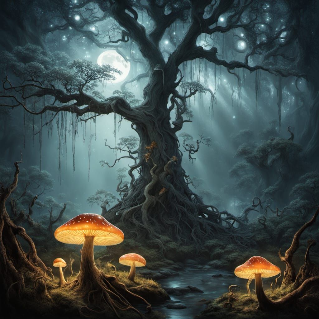 Enchanted Willow Tree and Dragon in Magical Realism