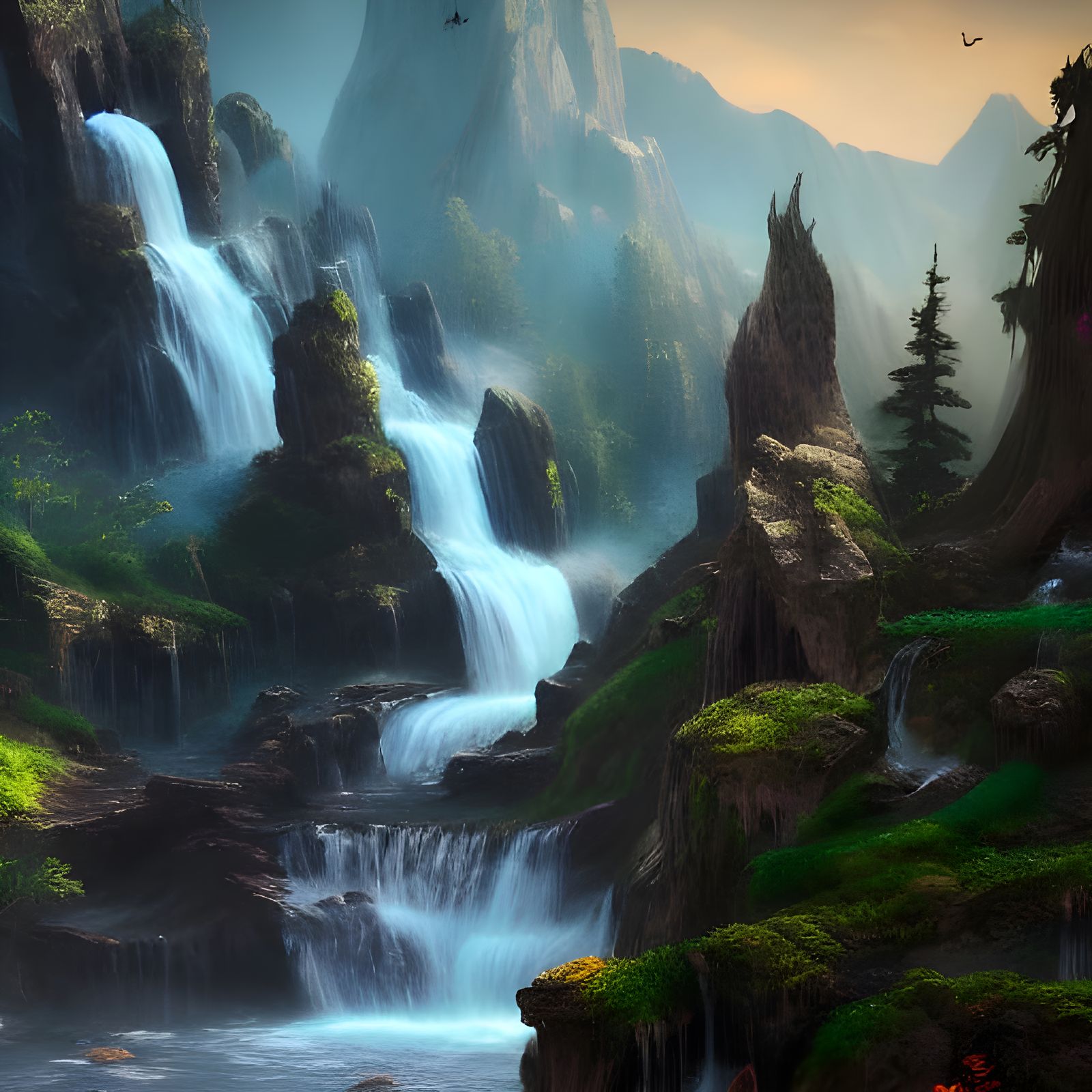 Fantastical Mountain Waterfall in Detailed Matte Painting