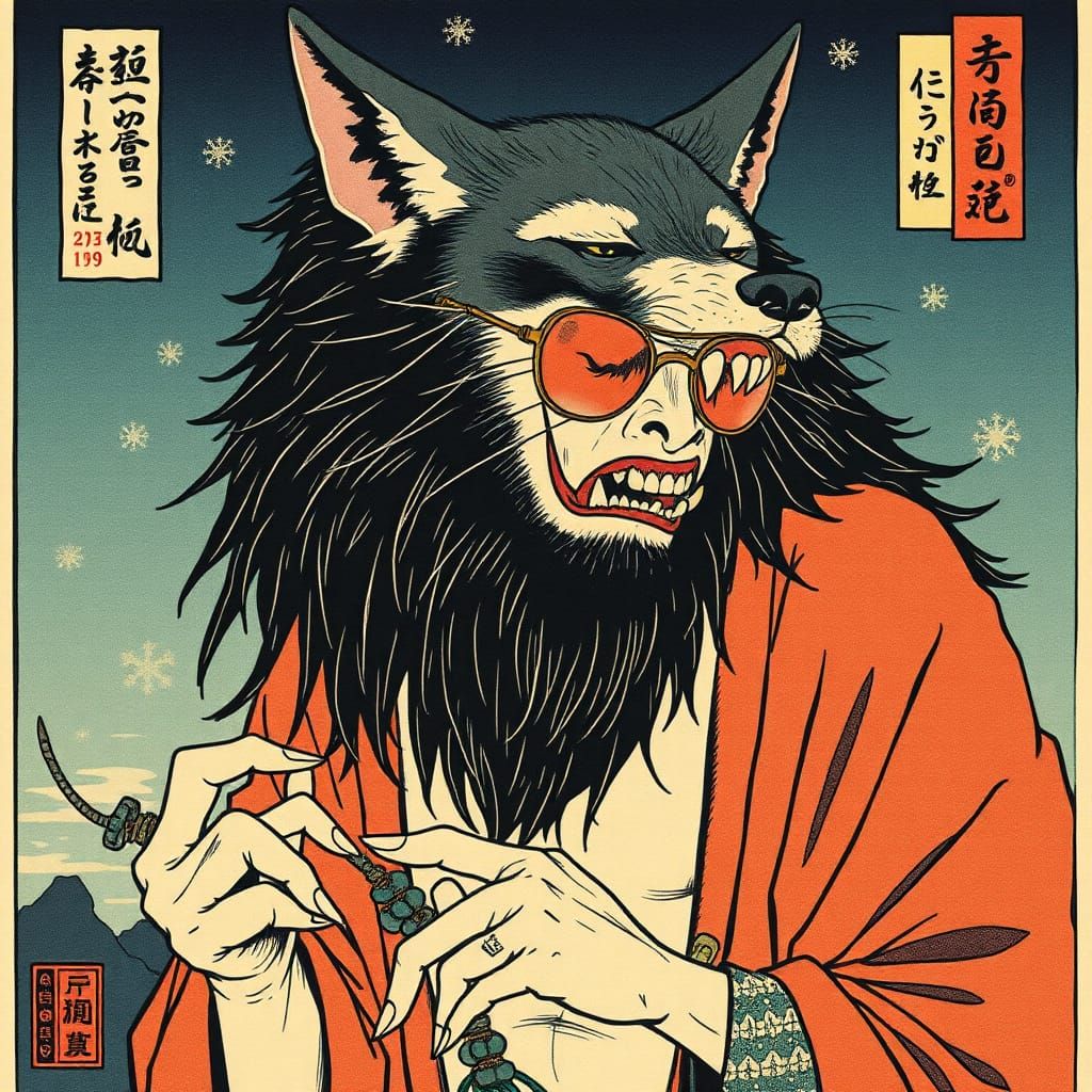 Surreal Hipster Werewolf in Ukiyo-e Style