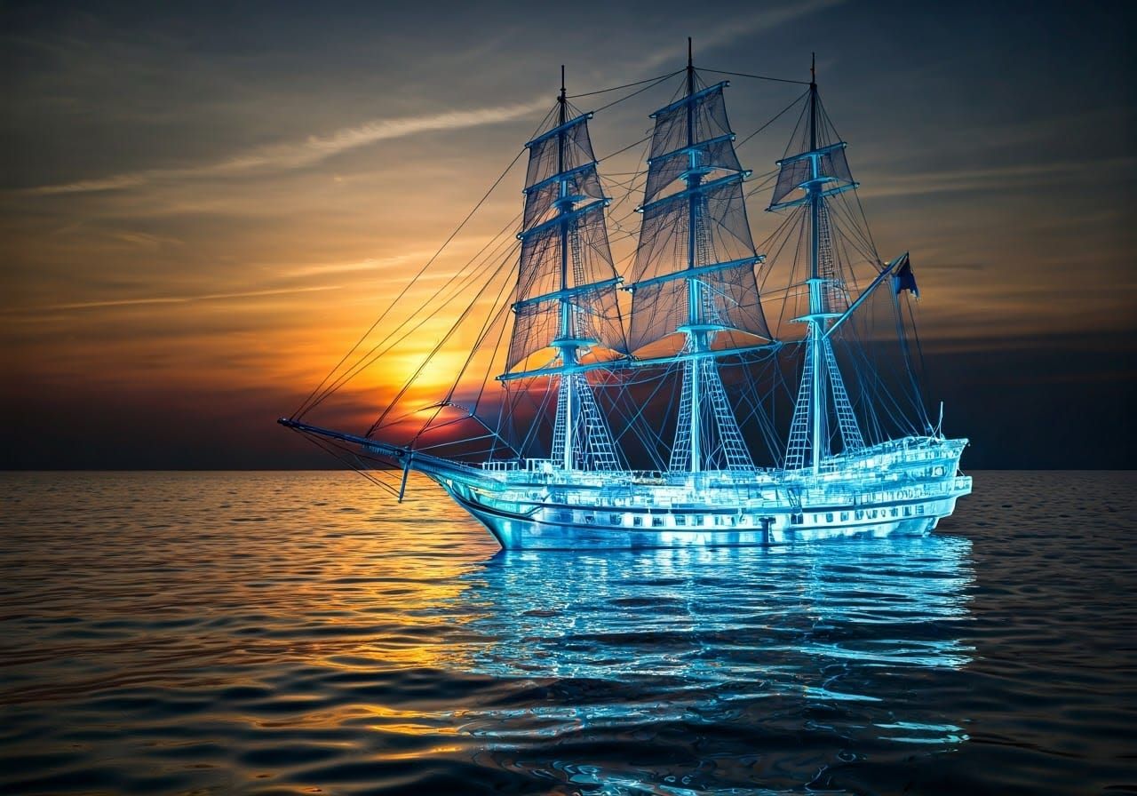 Glowing Transparent Ship Sails in Peaceful Sunset