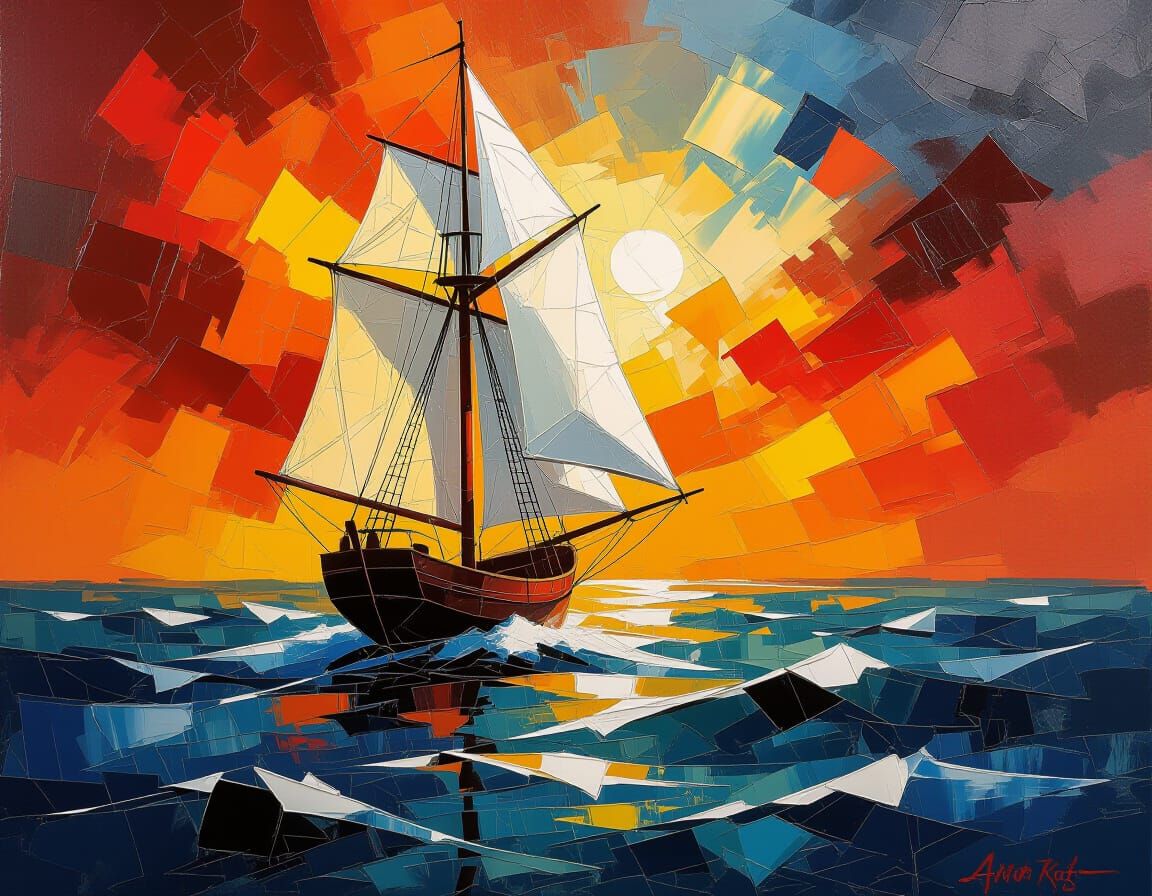 White Sail Ship in Fiery Abstract Storm Ocean