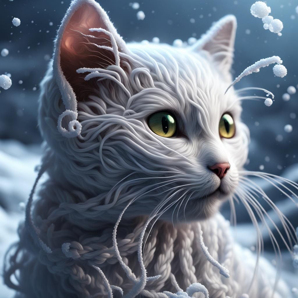 Yarn Kitten in Falling Snow, Detailed Matte Painting